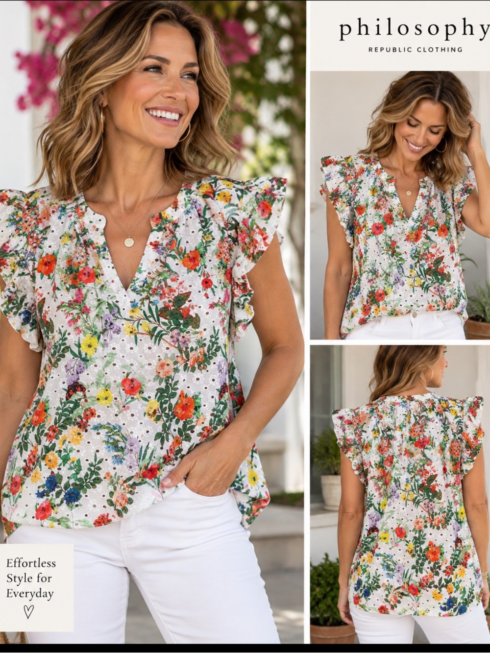 Philosophy Floral Eyelet Ruffle Sleeve V-Neck Top - White Multicolor- M